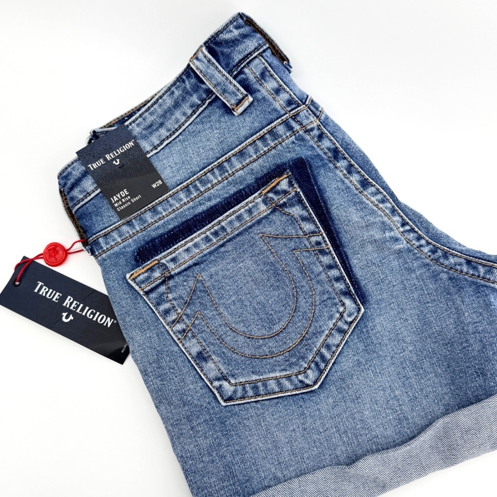 True Religion Jayde Denim Shorts Womens 28 Blue NWT Mid Rise Classic Retro Coll